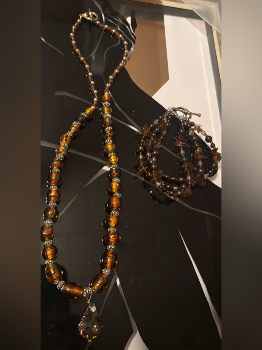 Vintage Marbled Glass Necklace and a Multi-Strand Beaded Bracelet #120